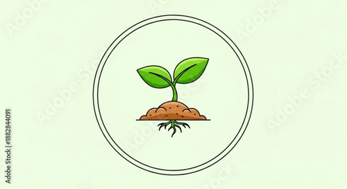 Young green seedling with two leaves growing in brown soil within a circle on light green background