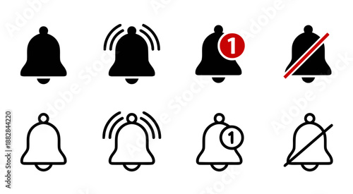 UntitledBell notification icon set. Alarm bell icon set for notification and reminder. Alarm symbol. Reminder icon of ringing bells, sign for incoming inbox messages.