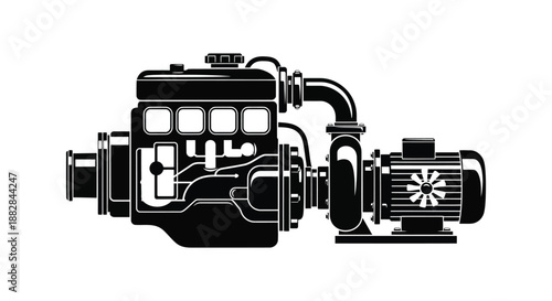 a detailed black and white illustration showcasing an industrial pump and engine system presented as a striking silhouette high quality professional