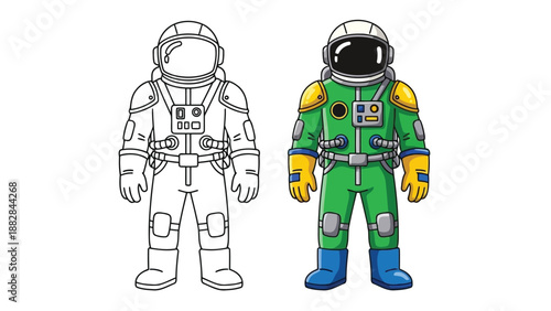 a detailed illustration depicting two astronaut figures one in monochrome and the other in vibrant green and blue