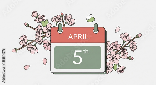 Calendar page showing april 5th with cherry blossoms symbolizing spring and new beginnings