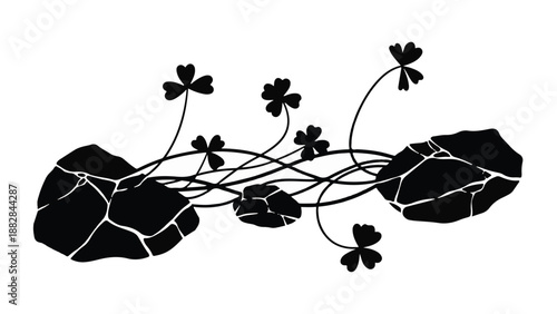 Delicate clover sprouts emerge from dark, cracked stones in a minimalist design.