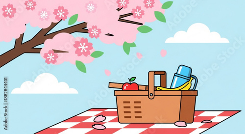 Picnic basket with fresh fruit and refreshments under blooming cherry blossom tree on red and white checkered blanket