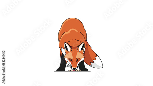 Crouching red fox illustration with vibrant fur on minimalist white