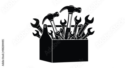 a striking black and white depiction of various hand tools arranged within a wooden toolbox a clear silhouette design high quality