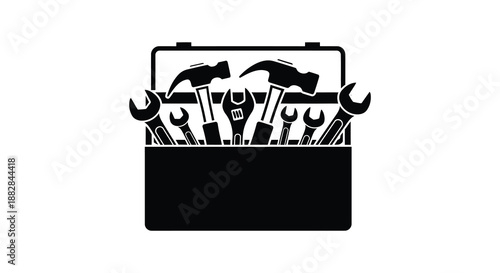 an open toolbox filled with various hand tools like hammers wrenches pliers and screwdrivers depicted in a striking silhouette high quality