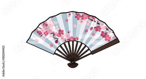 Handheld fan with cherry blossom design on blue and white striped paper black wooden frame and delicate floral pattern