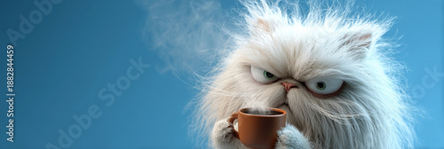 Portrait of a fluffy white Persian cat with very messy fur, with a sleepy and grumpy look holds a steaming coffee cup on blue background with copy space. Caffeine-themed humor. Generative Ai.