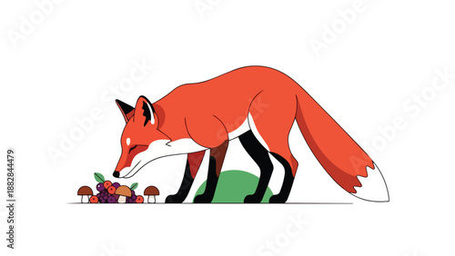 Stylized illustration of an inquisitive red fox discovering a colorful heap of wild berries and forest mushrooms. A vivid portrayal of natural