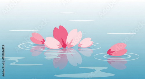 Pink magnolia flower petals float on calm blue water with ripples serene natural scene with soft reflections