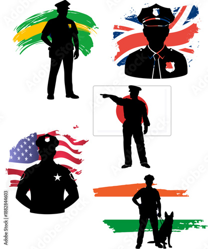Silhouette illustrations depicting global law enforcement officers set against vibrant national flag brush strokes on transparent background