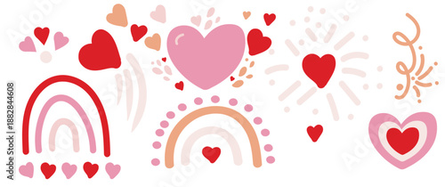 Hand drawn heart and rainbow vector illustration set in soft pastel colors. Includes hearts, rainbows, decorative shapes, and playful symbols suitable for love themes, greeting designs, invitations