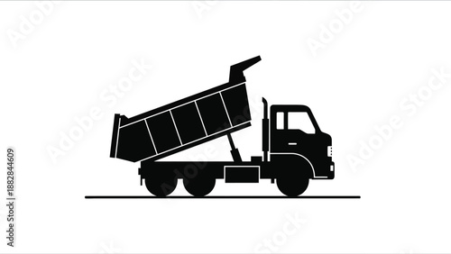 a detailed black and white illustration depicts a large dump truck with an open bed conveying construction and heavy machinery silhouette