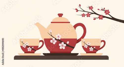 Traditional japanese tea set with cherry blossoms on a wooden tray elegant red and beige ceramic tea cups and teapot