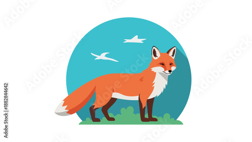 Vibrant orange fox vector illustration standing on green grass beneath a clear blue sky with stylized birds, capturing tranquil wildlife scenes and