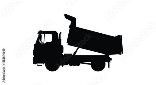 a detailed black silhouette illustration showcasing a large dump truck with its bed raised high ready for unloading material silhouette