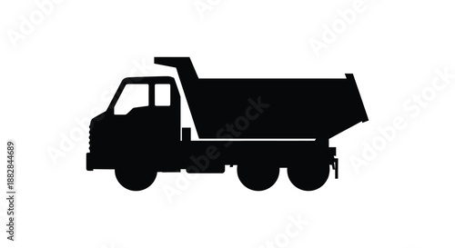 a stark black silhouette depicts a large dump truck with an elevated bed showcasing industrial equipment and heavy machinery silhouette