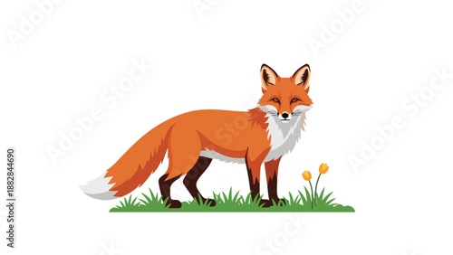 Charming illustrative red fox standing on vibrant green grass with delicate yellow flowers