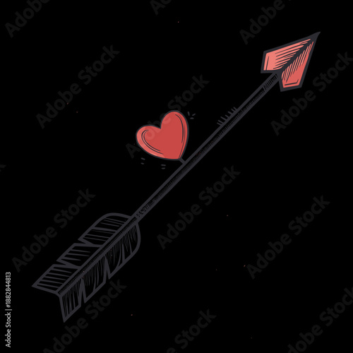Hand-drawn Cupid's arrow with a heart icon. Romantic sketch style vector illustration for Valentine's Day. Love symbol isolated on a black background