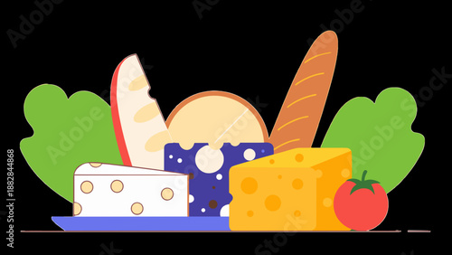 A gourmet cheese and bread platter illustration. Flat design vector of dairy and bakery products. Food appetizer concept isolated on a transparent background