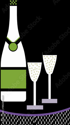 Champagne bottle and glasses for a celebration. Flat design vector illustration for a party or new year's eve. Vertical graphic on a black background