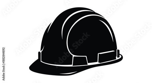 a detailed black and white illustration showing a hard hat commonly used for construction work safety and various industrial professions silhouette