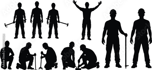 Construction worker silhouette set with helmet and tools, standing and kneeling laborer poses, black vector builder collection isolated on white background