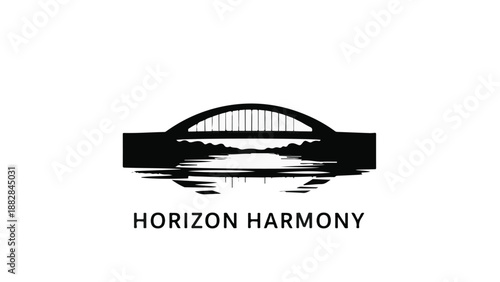 Modern arch bridge silhouette over calm water at dusk