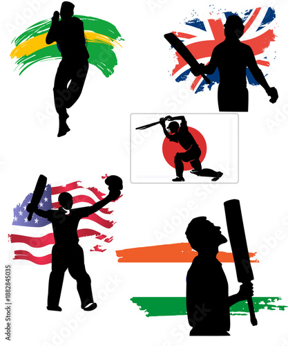 Diverse international cricket players silhouettes are featured prominently against various national flag brush strokes on transparent background
