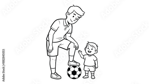 a black and white illustration depicts a tall man kneeling and a small boy playing with a soccer
