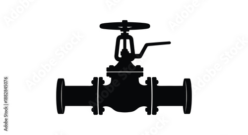 a detailed black and white illustration depicting a valve with flanges and a handle showcasing a clean industrial design silhouette