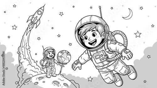 a whimsical black and white cartoon depicts an astronaut a child and a globe floating amongst stars and