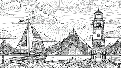 a detailed black and white coloring page featuring a lighthouse sailboat mountains and a smiling moon above