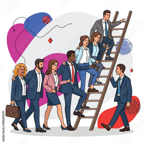 Business people queuing to climb career ladder for promotion and success