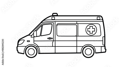 a simple black and white line drawing depicts an ambulance vehicle showcasing its side profile and medical symbols