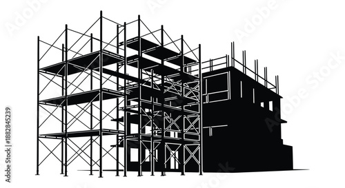 a stark black and white illustration depicting a building under construction with intricate scaffolding presented as a striking silhouette high quality