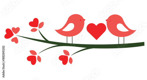 Sweet Love Birds on Branch with Heart Leaves and Red Heart Illustration
