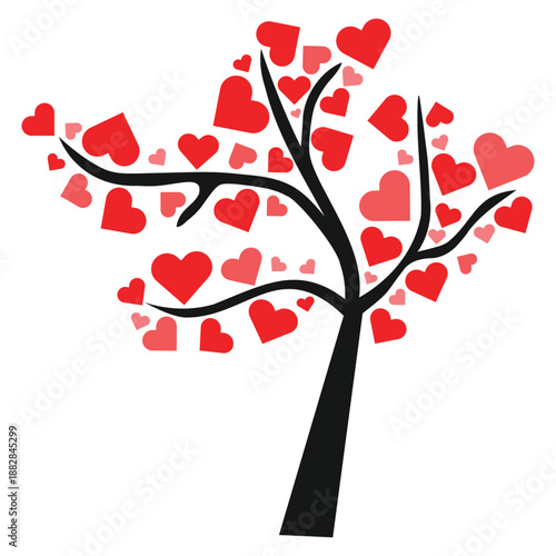 Love Tree with Red and Pink Hearts on White Background for Valentine's Day
