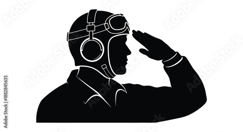 a striking black and white illustration depicting a vintage aviator saluting in a classic pose rendered as a detailed silhouette