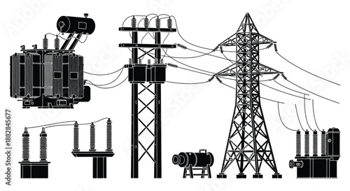 a detailed illustration showcases an electrical substation complex with transformers towers and power lines presented as a striking silhouette high quality
