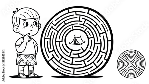a young boy contemplates a complex circular maze puzzle with a smaller solved maze beside it
