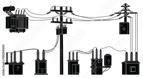 a detailed illustration showcasing electrical infrastructure including transformers power lines insulators and poles presented as a striking silhouette high quality professional