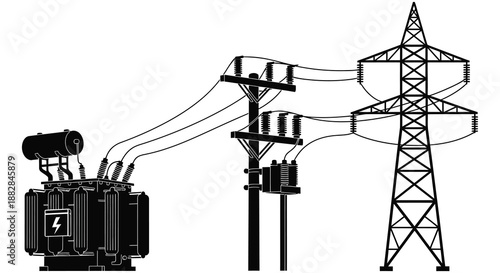 a stark black and white illustration depicting electrical infrastructure including transformers power lines and a tall transmission tower silhouette high quality