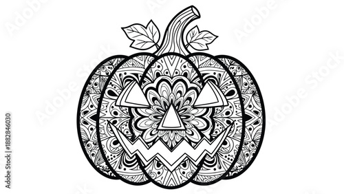 a detailed black and white drawing showcases a carved halloween pumpkin with intricate patterns and a spooky grinning