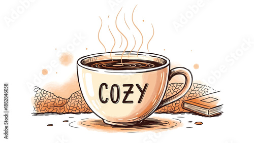 vector illustration of Cozy Hot Coffee Cup Illustration with Steam and Knitted Blanket Background