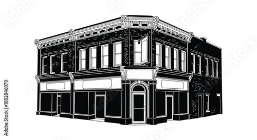 a detailed black and white illustration depicts a classic corner building with numerous windows and architectural details a striking silhouette
