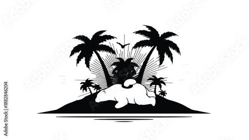 Polar bear resting on a small island surrounded by palm trees and a bright sunburst.