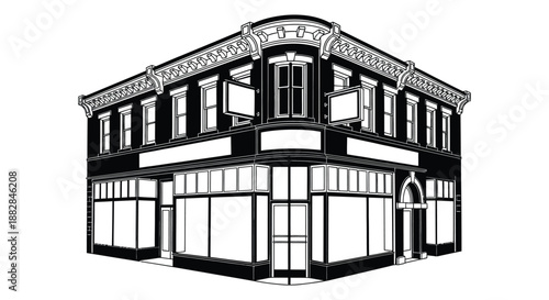 a striking black and white illustration depicts a detailed corner building facade with numerous windows and architectural ornament a bold silhouette