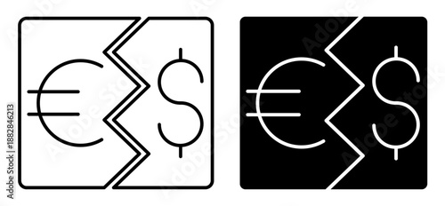 Linear icon. Dollar and euro symbols separated by zones of influence and use of protective tariff barriers. Simple black and white vector isolated on white background