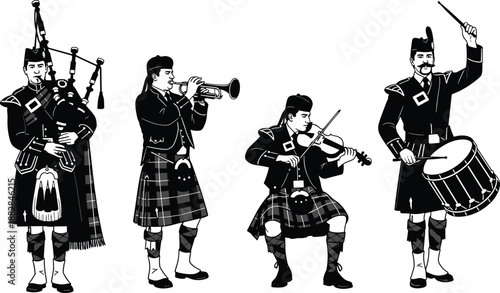 Traditional Scottish bagpiper, trumpeter, violinist and drummer in kilt uniforms performing as marching band silhouette set, isolated on white background for music theme design